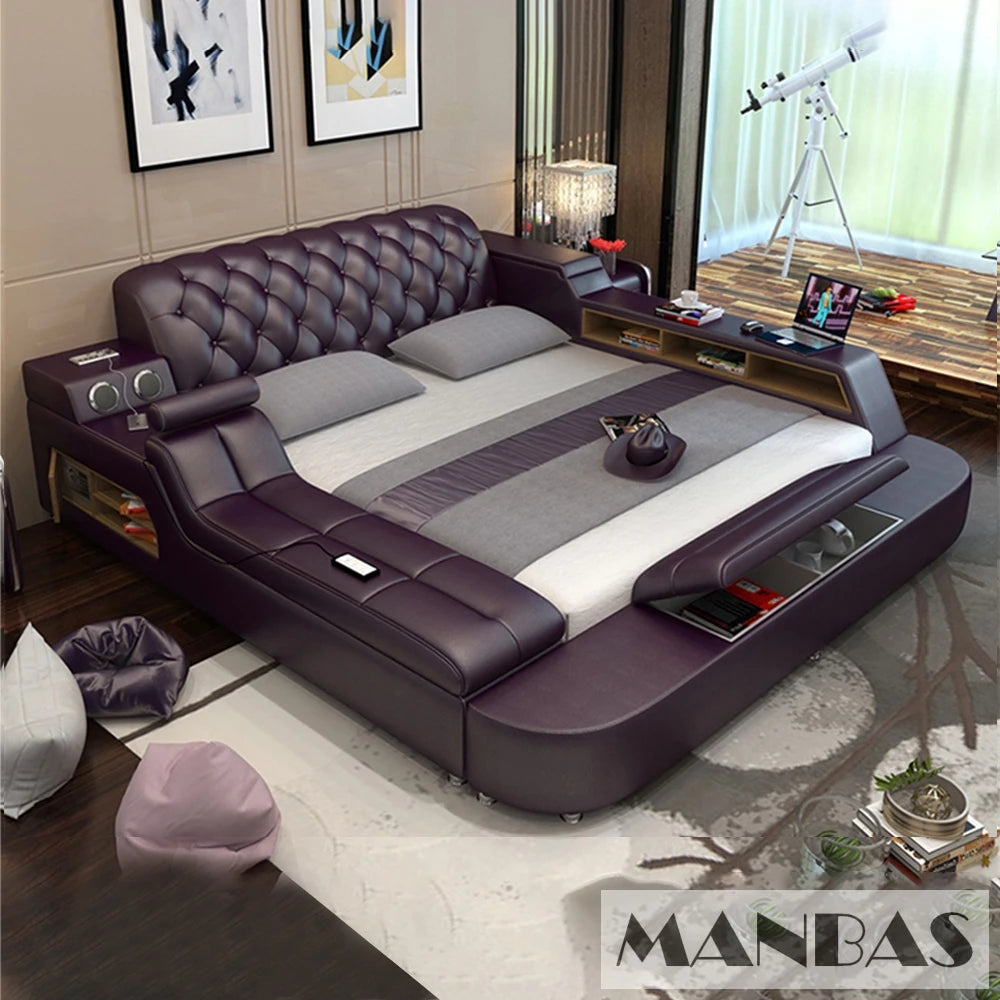 Luxury Multi-Functional Upholstered Platform Bed Frame with Speakers & LED Lights, Modern Tufted Headboard King/Queen Size Bed