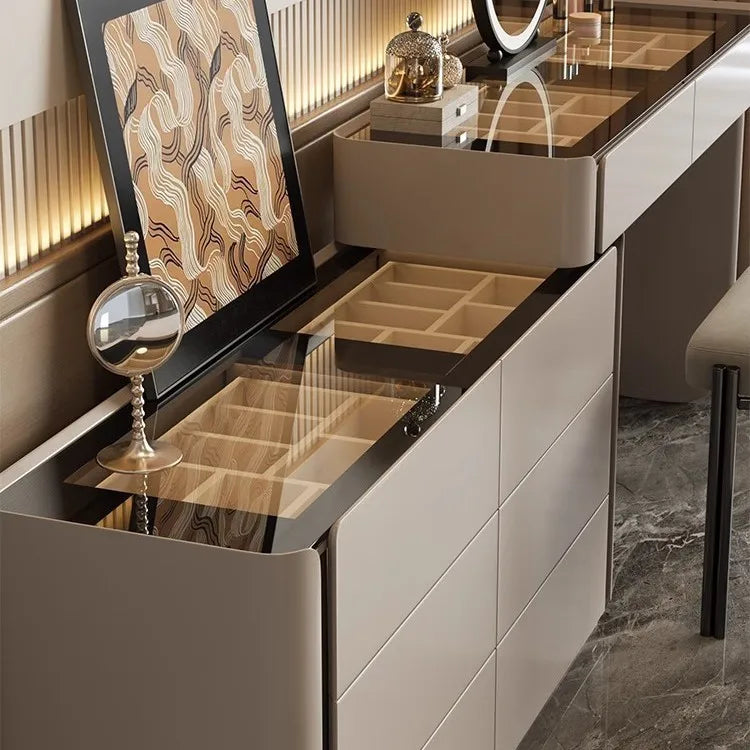 Modern Vanity Desk Dressing Vanity Table with Smart LED Mirror Luxury Makeup Set Includes Expandable Side Cabinet with 6 Drawer